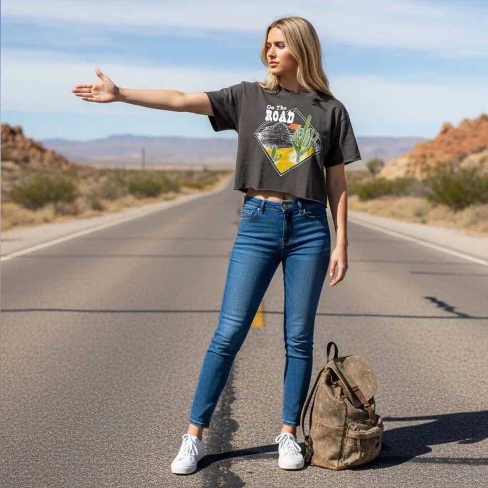 Junk food crop On The Road Black T-Shirt - Picture 1 of 5